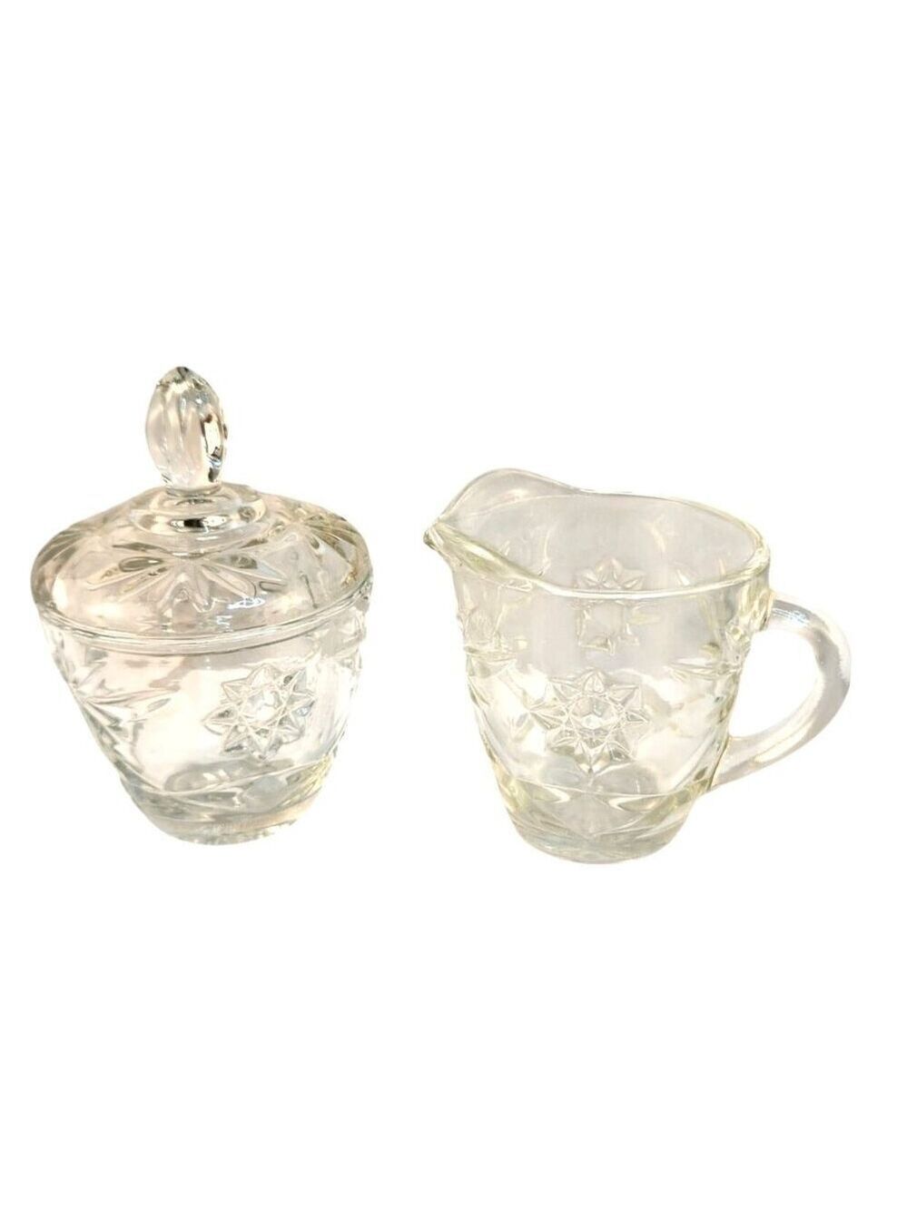 Anchor Hocking Early American Prescut Star Of David Clear Glass Creamer & Covere